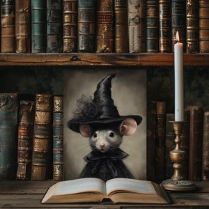 May include: A painting of a gray mouse wearing a black witch hat and a black cape, holding an open book. The painting is framed and hanging on a wall with a bookshelf behind it. A lit candle is on a candlestick to the right of the painting.