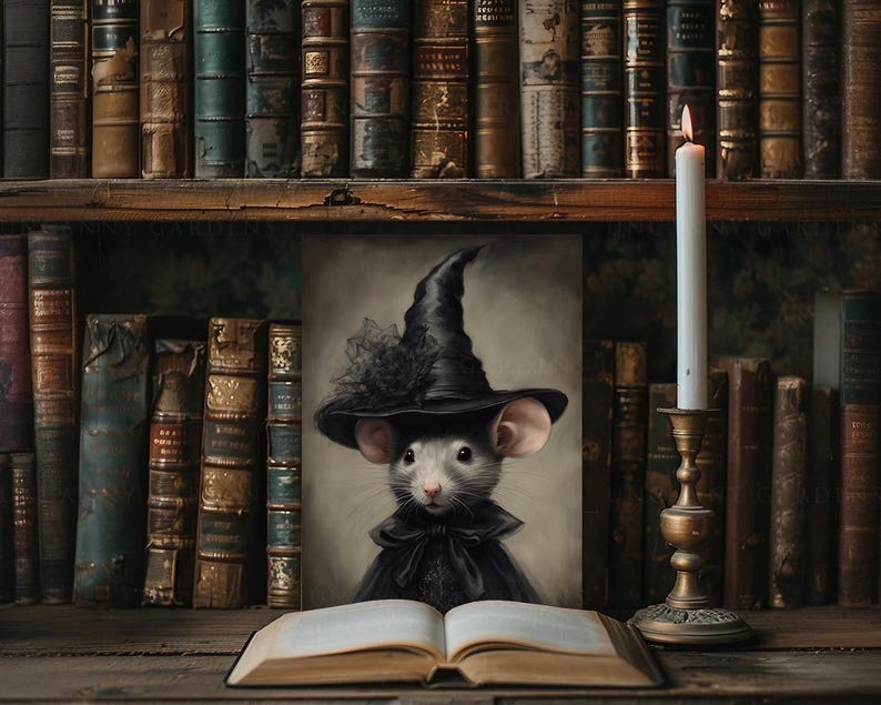 May include: A painting of a gray mouse wearing a black witch hat and a black cape, holding an open book. The painting is framed and hanging on a wall with a bookshelf behind it. A lit candle is on a candlestick to the right of the painting.