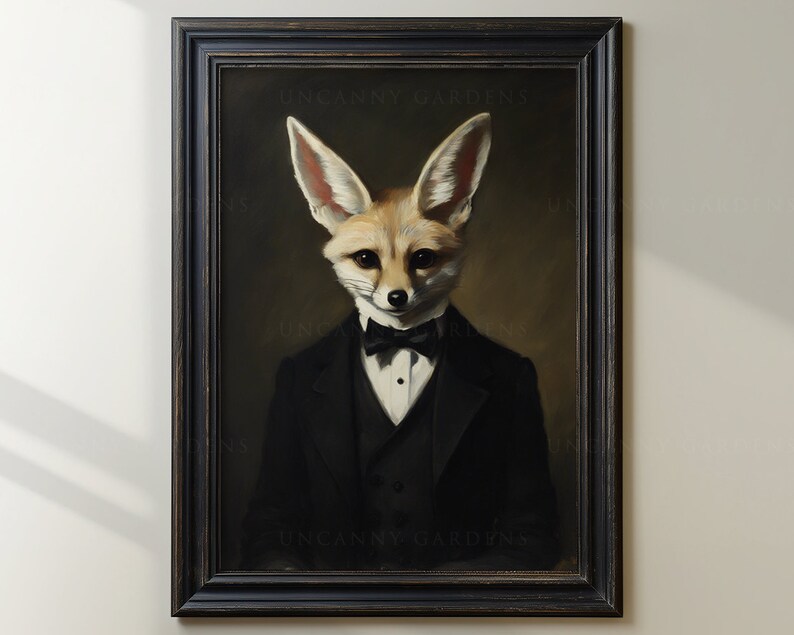 May include: A framed portrait of a fennec fox in a black tuxedo with a bow tie. The fox has large ears and a serious expression. The artwork is set against a dark background and framed in a black, distressed wooden frame. The text "UNCANNY GARDENS" is visible.