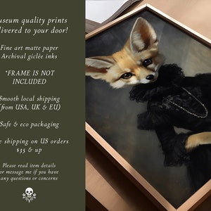May include: A painting of a fox wearing a black dress with a pearl necklace. The fox has a serious expression and is looking directly at the viewer. The background is a dark gray color. The text "*FRAME IS NOT INCLUDED" is visible in the image.
