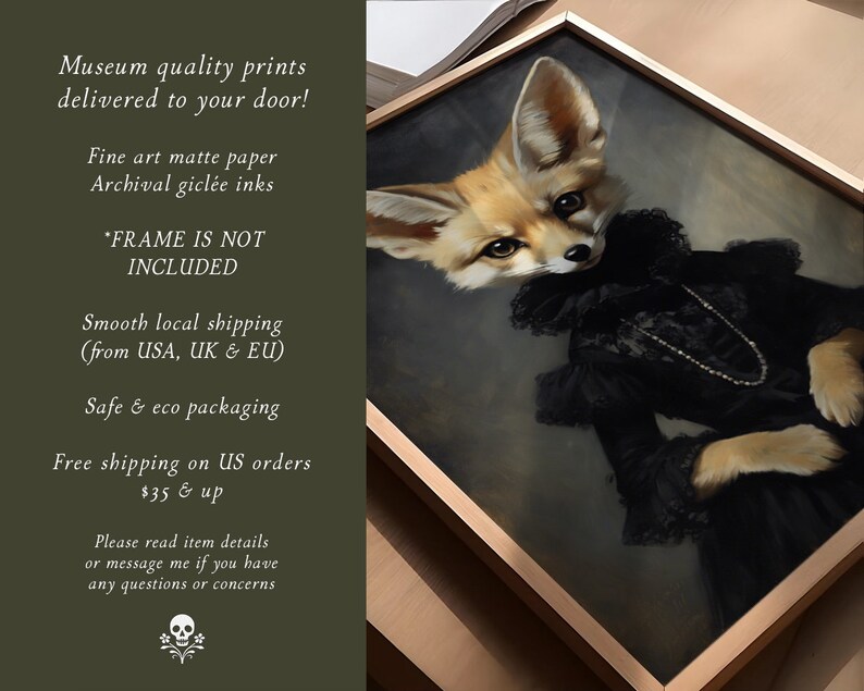 May include: A painting of a fox wearing a black dress with a pearl necklace. The fox has a serious expression and is looking directly at the viewer. The background is a dark gray color. The text "*FRAME IS NOT INCLUDED" is visible in the image.