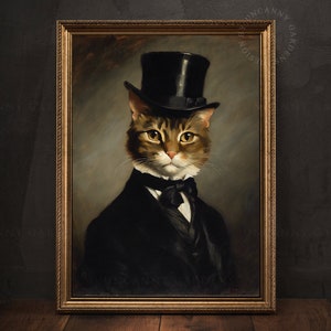 May include: A painting of a cat wearing a black top hat and a tuxedo. The cat has brown and white fur and is looking to the right. The painting is framed in a gold frame.