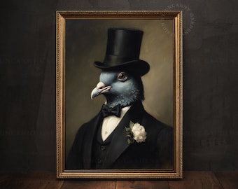 Dapper Pigeon Art Print, Bird Lover Gift, Victorian Pigeon Bird Portrait, Vintage Bird Poster Wall Decor, Funny Cottagecore Wall Art AD98