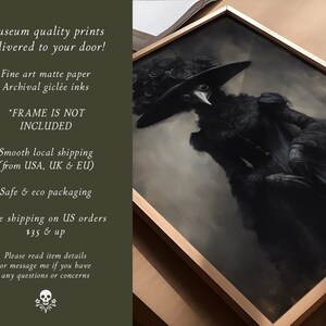 May include: A framed art print featuring a dark, gothic illustration of a figure in a plague doctor-style outfit. The artwork is predominantly black and gray, with a detailed depiction of the character's attire and a hat adorned with roses. The frame is a light gold color.
