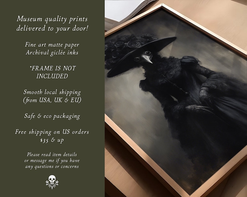 May include: A framed art print featuring a dark, gothic illustration of a figure in a plague doctor-style outfit. The artwork is predominantly black and gray, with a detailed depiction of the character's attire and a hat adorned with roses. The frame is a light gold color.