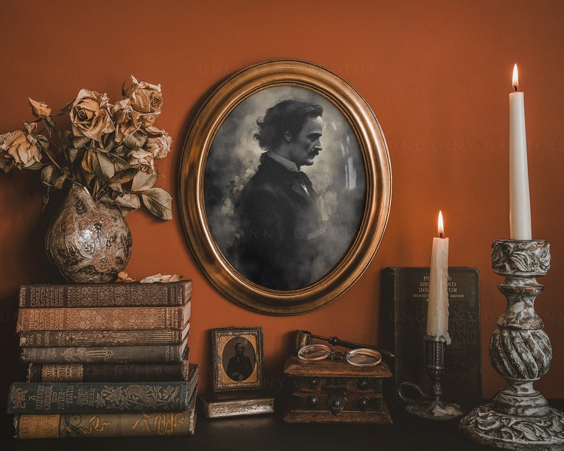 May include: A vintage-style portrait of a man in a gold frame, with a vase of dried flowers and two candlesticks with lit candles on a dark wooden shelf. The candlesticks are made of white painted wood with a distressed finish. The shelf is decorated with books and a small wooden box.