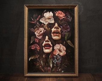 May include: A framed painting of two women's faces partially obscured by flowers. The women have dark hair and are wearing dark clothing. The flowers are a mix of pink, purple, and white.