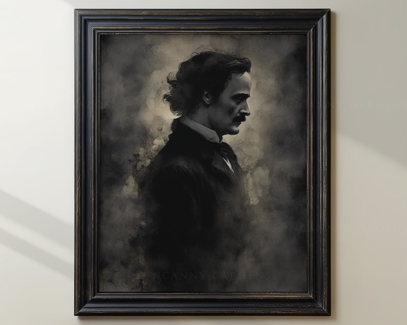 May include: A black and white portrait of a man with a mustache, wearing a dark suit and a white collar. The portrait is framed in a dark wood frame.