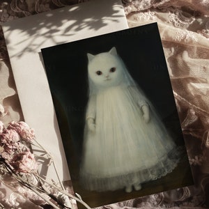 May include: A white cat wearing a white dress and veil. The cat is standing on a dark background.