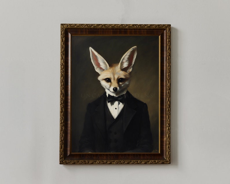 May include: Framed portrait of a dapper fox wearing a black tuxedo with a bow tie. The fox has large ears and a tan and white face. The artwork is in a dark wooden frame.