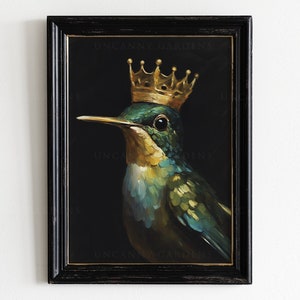 May include: A painting of a hummingbird wearing a gold crown. The bird is green, blue, and yellow with a black background. The painting is signed "Uncanny Gardens".