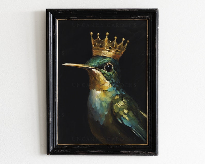 May include: A painting of a hummingbird wearing a gold crown. The bird is green, blue, and yellow with a black background. The painting is signed "Uncanny Gardens".