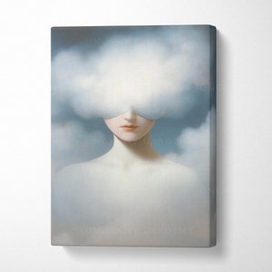 May include: A painting of a woman with a cloud covering her eyes. The woman has pale skin and is wearing a white dress. The background is a light blue sky with white clouds.