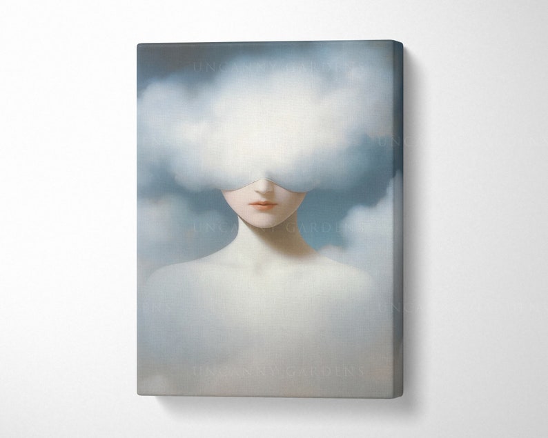 May include: A painting of a woman with a cloud covering her eyes. The woman has pale skin and is wearing a white dress. The background is a light blue sky with white clouds.