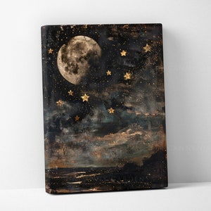 May include: A black canvas painting with a large, full moon and gold stars on a dark blue background. The moon is white and has a textured surface. The stars are scattered across the canvas and are a bright gold color. The painting has a dark, moody feel and is perfect for a modern home.