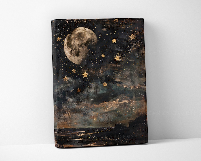 May include: A black canvas painting with a large, full moon and gold stars on a dark blue background. The moon is white and has a textured surface. The stars are scattered across the canvas and are a bright gold color. The painting has a dark, moody feel and is perfect for a modern home.