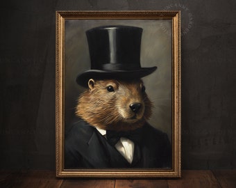 Dapper Beaver wearing Top Hat Art Print, Victorian Beaver Poster, Funny Wedding Gift for Couple, Beaver Wedding, Dark Cottagecore Decor AD90