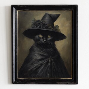 May include: A black cat wearing a black witch hat with black roses and a black cape. The cat has yellow eyes and is looking directly at the viewer.