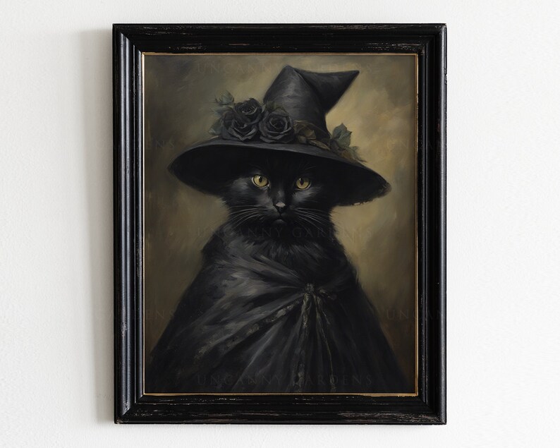 May include: A black cat wearing a black witch hat with black roses and a black cape. The cat has yellow eyes and is looking directly at the viewer.