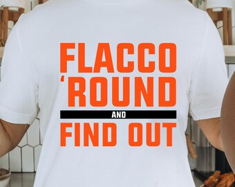 Flacco Round and Find Out Bengals T-shirt: maglietta da football NFL di Cincinnati