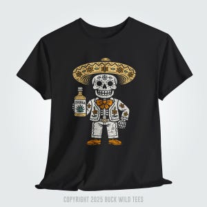 Day Of The Dead Tequila Shirt, Mexican Folk Art Dia De Los Muertos Sugar Skull Graphic Tee, Mariachi Skeleton Halloween Gift