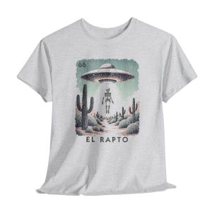 Camiseta gráfica vintage de Halloween con esqueleto de abducción extraterrestre, divertida parodia de bingo mexicano con platillo volador OVNI, regalo genial para el Día de los Muertos.