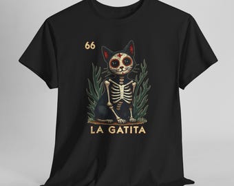Loteria Mexicana Katzen-Skelett-Shirt, Dia De Los Muertos La Gatita Kätzchen-Grafik-T-Stück