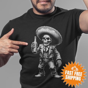 Camiseta vintage com esqueleto do Dia dos Mortos, camiseta com estampa de tequila mexicana do Dia de Los Muertos, presente de Halloween para a temporada de terror, fantasia de última hora