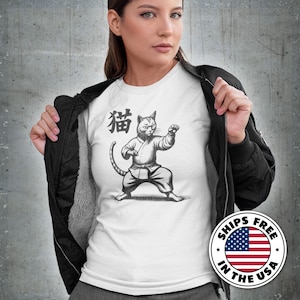 Japanese Kanji Neko Cat Karate Shirt, Funny Martial Arts Gift For Mom Dad Sensei, Kung Fu Judo Tae Kwon Do Jujitsu Graphic Tee