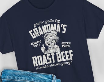 Een ondeugend T-shirt met de tekst "Grappig oma met rosbief": een gênant grapcadeau voor oma.