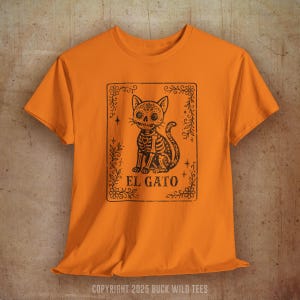 Dia De Muertos Cat Skeleton Shirt, Mexican Folk Art Halloween Cat Lover Gift, Vintage Style Loteria Mexicana El Gato Tarot Graphic Tee