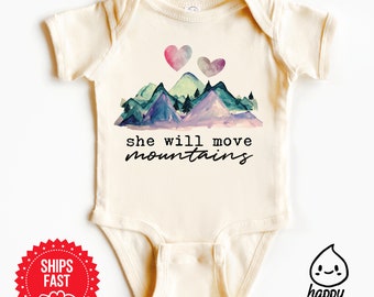She will move mountains, hiking onesie®, mountains onesie®, travel onesie®, little adventurer onesie®, camping, baby girl gift