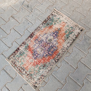 Distressed Old Small Turkish Rug,1x3 Oushak Vintage Rug, Door Mat Rug, Handmade Rug, Unique Rug, Rustic Rug, Bathroom Rug, Small Kitchen Rug