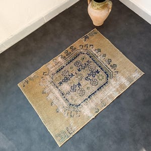 Vintage Turkish Wool Rug: Distressed Oushak Doormat, 2x3 Yellow Entry Rug