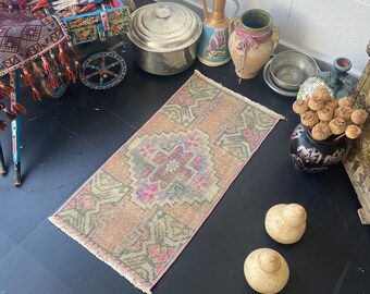 Small Oushak Rug, Mini Turkish Vintage Rug, Anatolia, Wool, Bohemian, Antique, Hand-Made, Natural, Size 1.4x2.7 ft (43x84cm) Gift for Mom