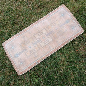 1x3 Turkish Handmade Small Faded Rug, Muted Oushak Bathroom Rug, Bath Mat Runner, Old Handmade Rug