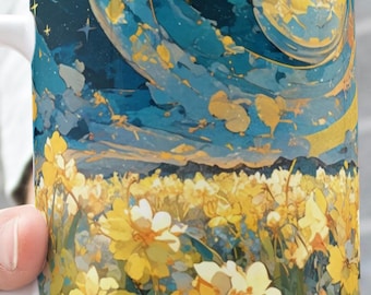 Taza con diseño de cielo estrellado de narcisos – Taza de café floral con diseño de noche estrellada, taza de cerámica inspirada en Van Gogh, regalo navideño con diseño de campo de flores cósmicas, regalo para el Día de la Madre