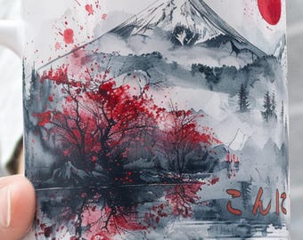 Taza Konnichiwa Tokio, acuarela de Hello Japan, taza de viaje con el monte Fuji y la puerta Torii, regalo de café japonés, Konnichiwa, taza de cerámica