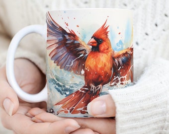 Northern Cardinal In Motion, Red Cardinal, Cardinal Lover Gift, Memorial Mug Bird Lover Cardinal, Illinois Floral Bird Mug, Winter Holiday