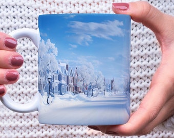 Calle nevada en un día soleado, taza navideña vintage, taza navideña grande, taza de café de regalo de Navidad, idea de regalo para amantes de la Navidad, regalo de Navidad