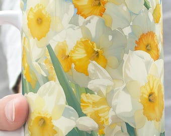 Taza de campo de narcisos: taza de café con flores brillantes, regalo para amantes de la naturaleza primaveral, taza de té de cerámica alegre, 11 oz, 15 oz, regalo para el Día de la Madre.