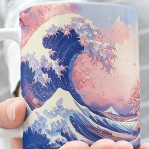 Cherry Blossom Wave Mug, Japanese Great Wave Coffee Mug, Hokusai Inspired Ocean Mug, Sakura Art Mug, Aesthetic Nature Gift