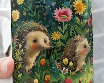 Woodland Hedgehog Mug, Cute Hedgehog Coffee Cup, Whimsical Forest Animal Mug, Floral Garden Mug, Cottagecore Nature Lover Gift