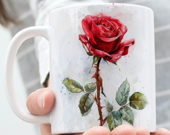 Red Rose, Antique Roses, Vintage Rose, Floral Coffee Mug, 3D Rose, Valentine's Day, Botanical Mug, Watercolor Mug, Classic Rose Mug