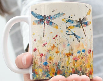 Dragonfly Watercolor Mug, Vintage Dragonfly Coffee Mug, Dragonfly Tea Cup, Insect Lover Mug, Nature Lover Tea Cup, Dragonfly Ceramic Mug