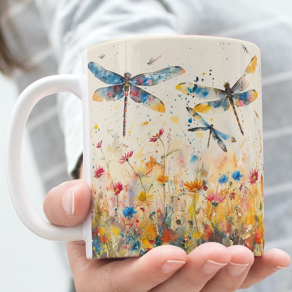 Dragonfly Watercolor Mug, Vintage Dragonfly Coffee Mug, Dragonfly Tea Cup, Insect Lover Mug, Nature Lover Tea Cup, Dragonfly Ceramic Mug