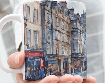 Edinburgh Charm Ceramic Mug, Travel-Inspired White Coffee Cup with Historic Watercolor Design, Scotland Souvenir Gift for Travel Lovers,