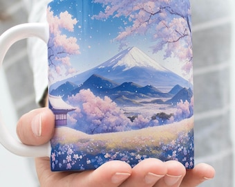 Ceramic Mug, Cherry Blossom Fuji Mug - Hokusai-Inspired Coffee Cup, Serene Japanese Landscape Design, Perfect Gift for Art Lovers, Sakura