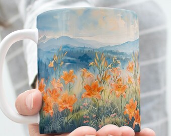 Garden of Orange Lilies, Daylily Dawn Mountain Meadow, Nature-Inspired Watercolor Mug, Tiger Lilies, Floral Flower Coffee Mug, Birthday Gift