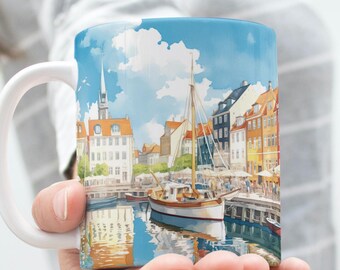 Colorful Nyhavn Copenhagen Travel Ceramic Mug, Unique Souvenir Cup, Scandinavian Cityscape Coffee Mug, Denmark Gift Idea, Tourist Traveler